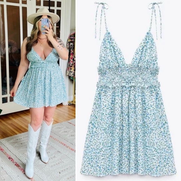 Zara Blue Floral Smocked Mini Dress - Picture 1 of 9